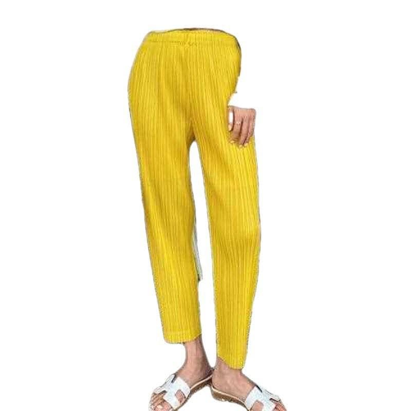 Miyake Women's Summer Pleated Cropped Pants: Trendy Loose-Fit Straight-Leg Style Medium yellow