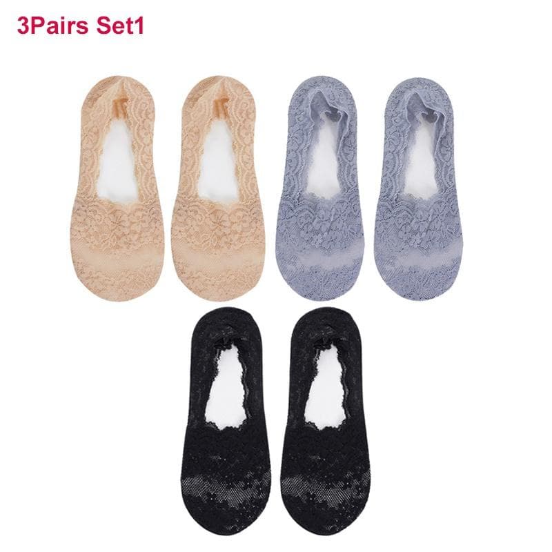 1/3/5Pairs Women Girls Cherry Floral Summer Silica Gel Lace Socks Invisible Cotton Sole Non-slip Antiskid Slippers Boat Sock One Szie