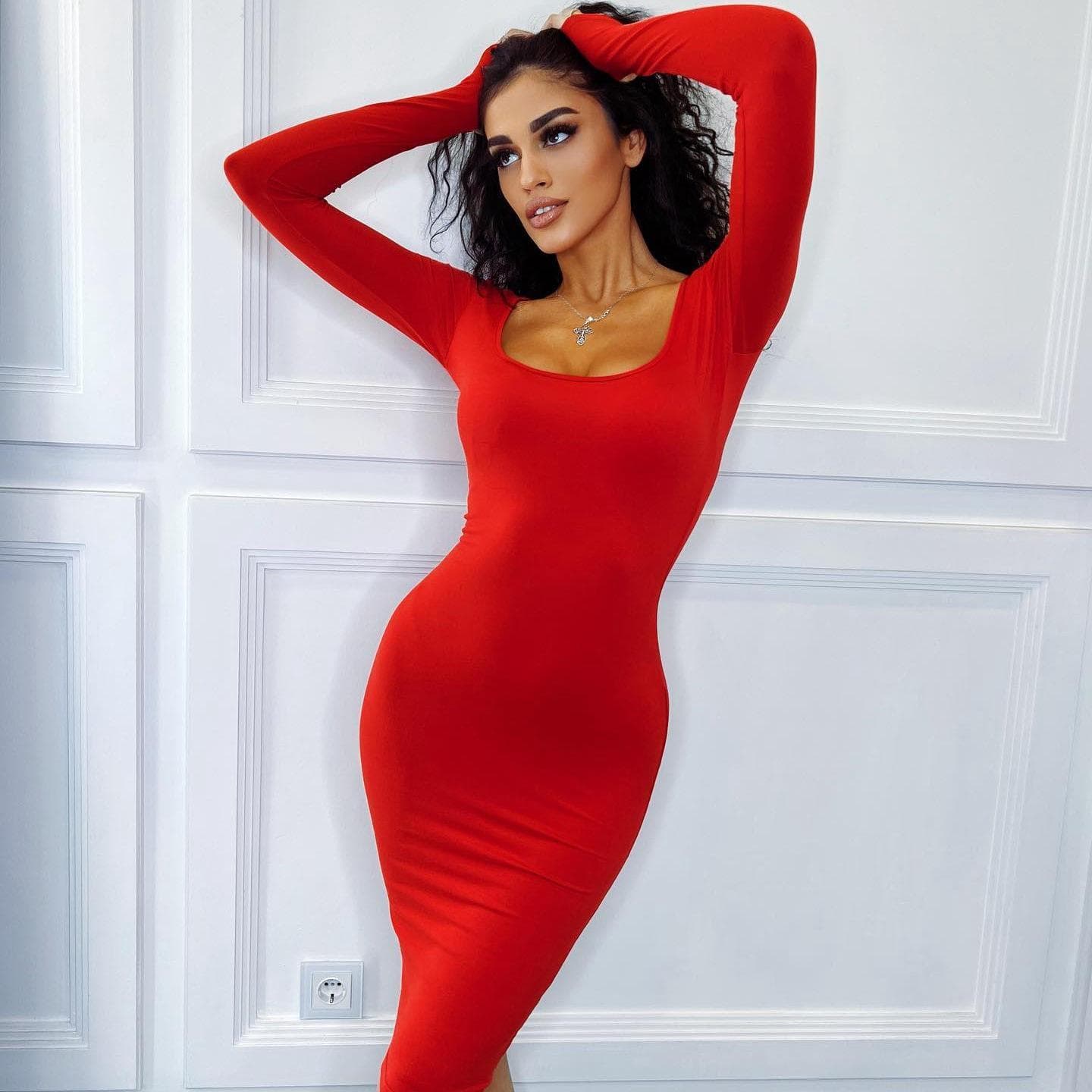 Style Women's Autumn and Winter New Square Collar Long Sleeve Solid Color Waist-hugging and Slimming Hip-packing Dress for Women's Skirt M