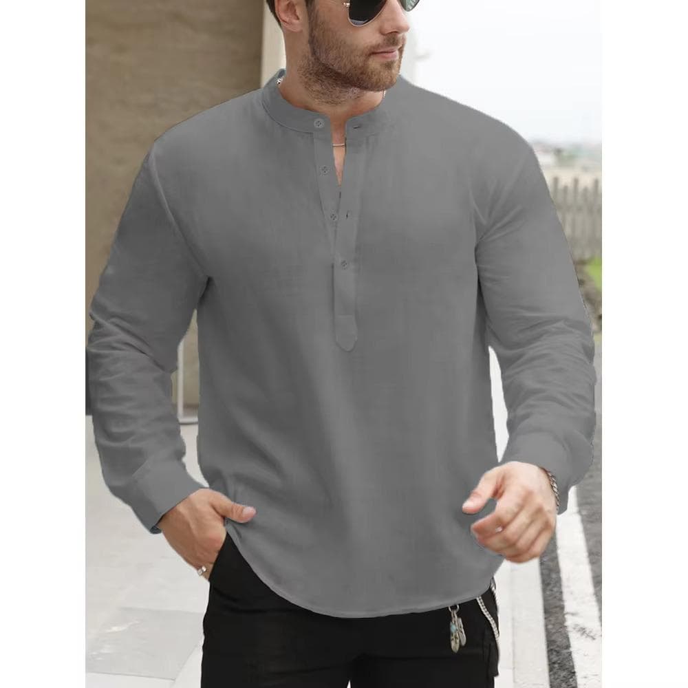 Premium White Cotton Linen Henley Shirts for Men Lightweight Long Sleeve Casual Streetwear Everyday Wear US M 60-70 KG gray