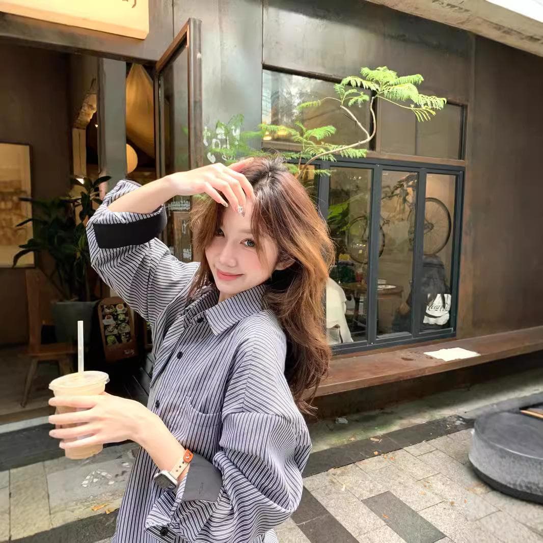 Niche Vertical Striped Casual Shirt Jacket for Women In Autumn New Design Shirt Contrast Long Sleeve Top for Women 2XL