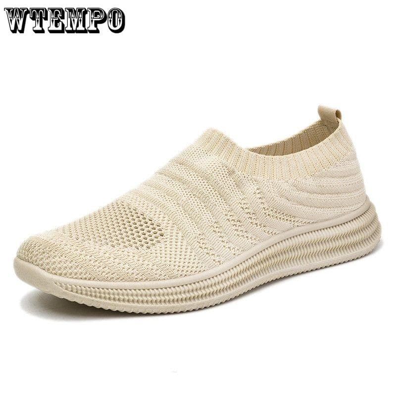 Fashion Men Sneakers solid color Soft Lightweight Breathable Slip-On Flats Summer Shoes Men Casual Mesh Shoes 39 beige