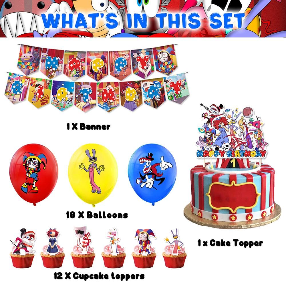 The Digital Circus Party Supplies Including Banner Cake Topper Balloon
