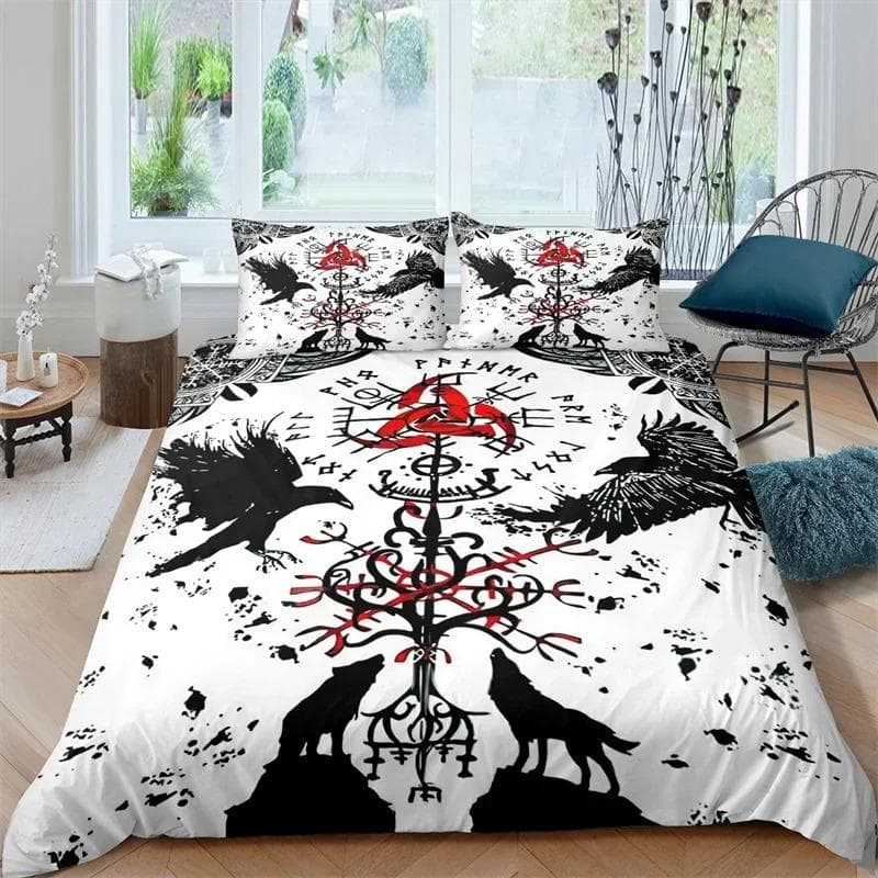 Viking Duvet Cover Scandinavian Folklore Motifs Bedding Set Microfiber Northern Germanic Culture Vikings Wolf Celtic Quilt Cover 135X200cm-2pcs