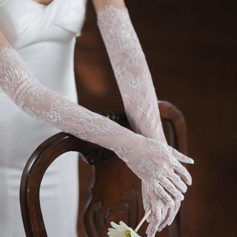 Women White Lace Thin Floral Embroidery Long Aesthetic Gloves High Quality Breathable Soft Etiquette Stage Performance One Size