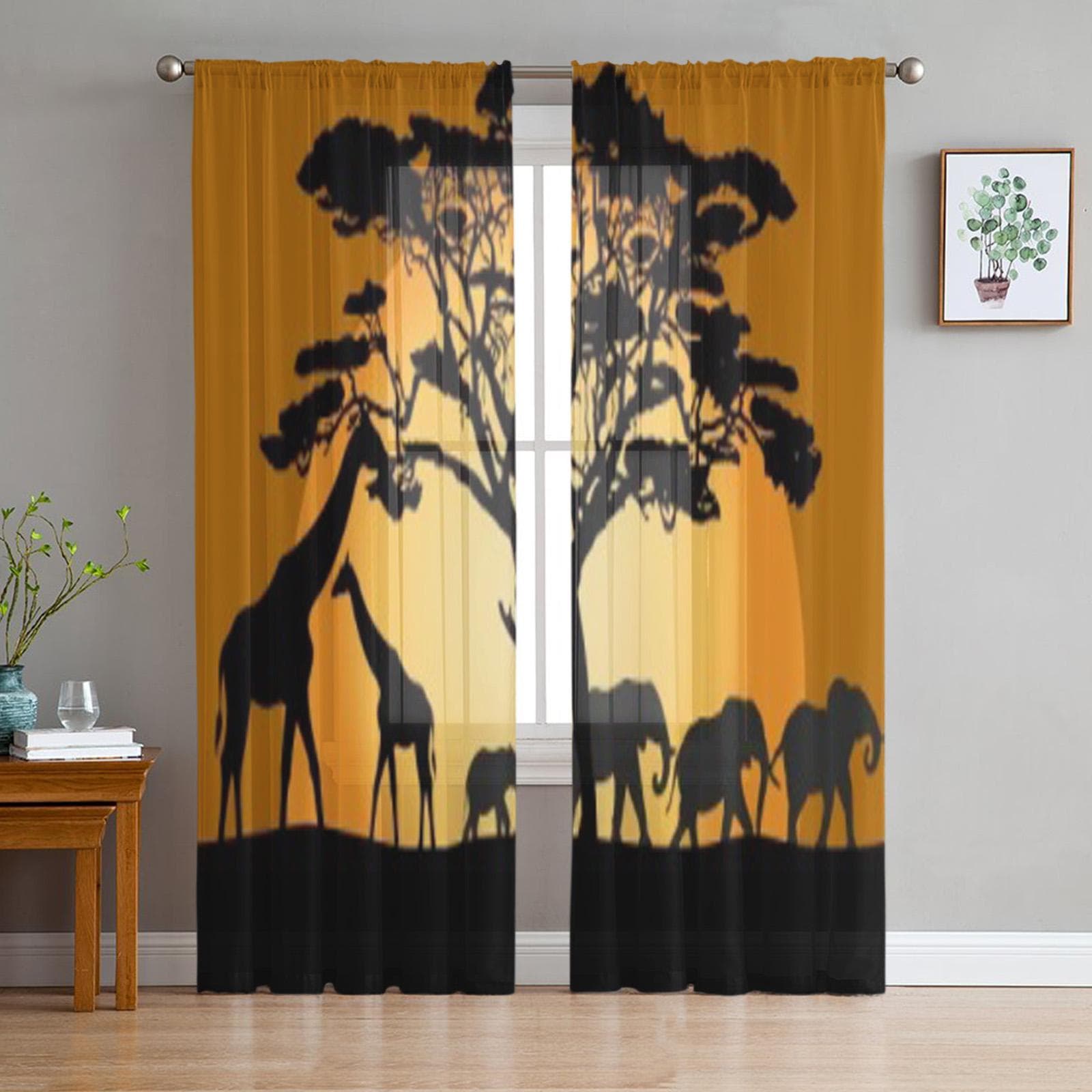 Landscape Animals Elephant Giraffe Tree Chiffon Sheer Curtains for Living Room Bedroom Window Curtain Voiles Tulle Cortinas 135W x 114H(cm)