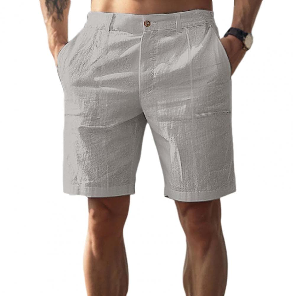 Men Summer Casual Shorts Mid-rise Button Zipper Fly Pockets Shorts Solid Color Straight Leg Short Pants Streetwear L grey