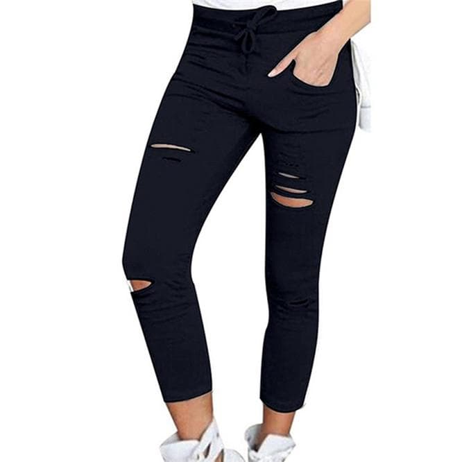 Sexy Women's High Waisted Denim Stretch Jeans Destroy Skinny Ripped Distressed Pants Trousers XXXL black