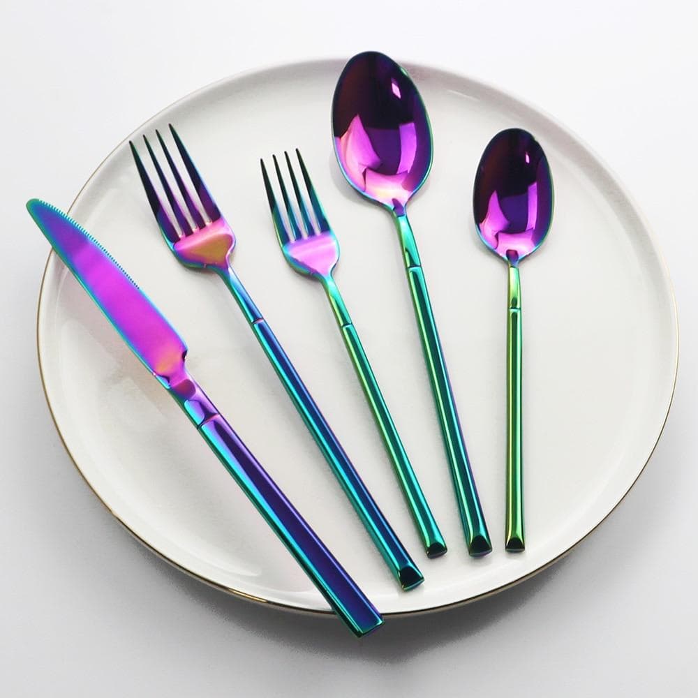 5Pcs/Set Rainbow Flateware Set Dinner Knife Dessert Spoon Fork Thicken Tableware Kitchen Food Cutlery Set 18/10 Stainless Steel Dinnerware Set