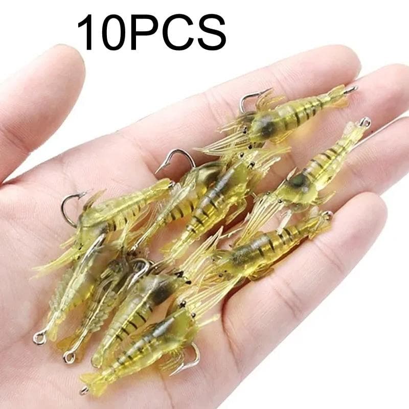Soft Simulation Fishhook Shrimp Prawn Lure Hook Tackle Bait Fishing Lures Artificialbait Luminous Shrimp 10pcs yellow