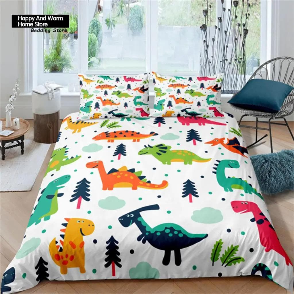 Cartoon Dinosaur Toddler Bedding Set Cartoon Animals Duvet Cover Microfiber Quilt Cover With Pillowcases For Boys Girl Teen EU single(135x200cm)