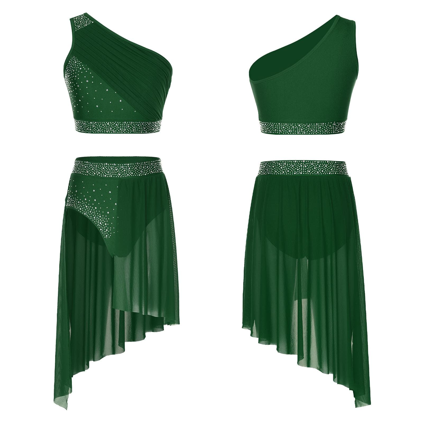 Women Lyrical Dance Costume Chiffon Splice Artistic Gymnastics Activewear Outfits Modern Jazz Dancewear Crop Top with Skirt L green