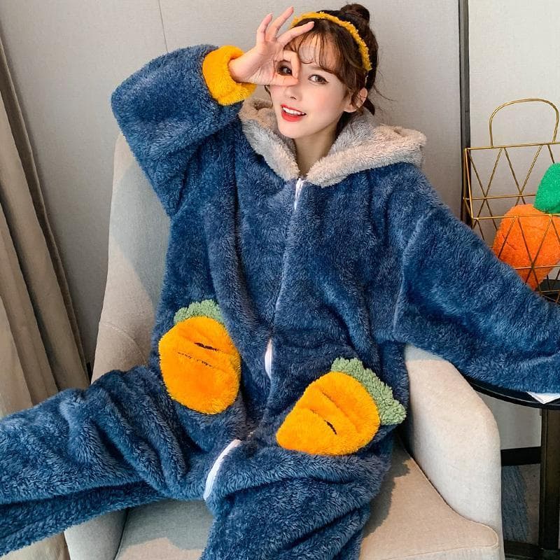 Cartoon Hooded Coral Fleece Pajamas Large Size Flannel Pajamas Plus Plush Winter Pajamas Home Clothes Women's Pajamas XL