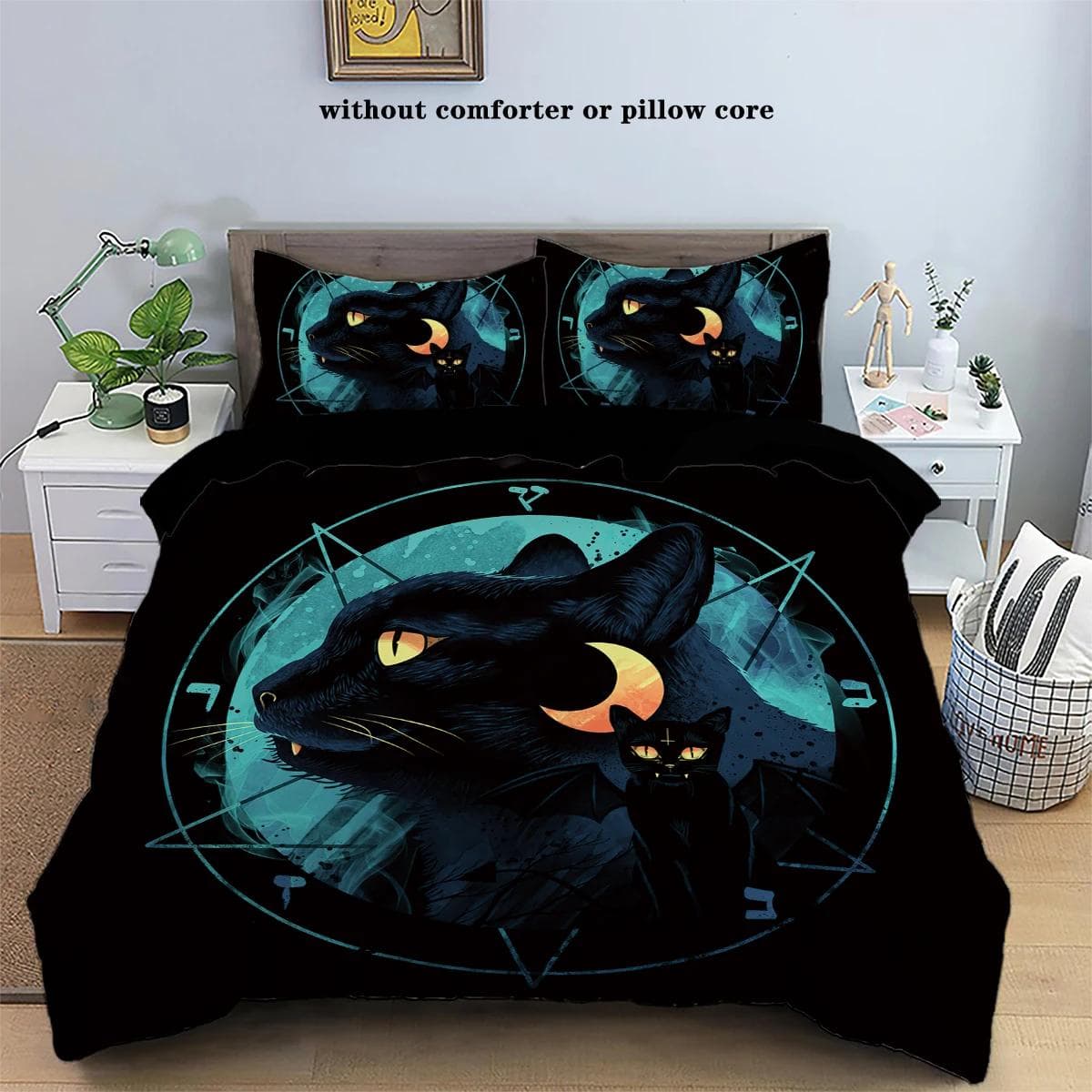 3 Piece Duvet Cover Set With Black Cat Moon Print Pattern (1 Duvet Cover+2 Pillowcases, No Core) Comfortable Bedroom Bedding Set cot size 70x133cm