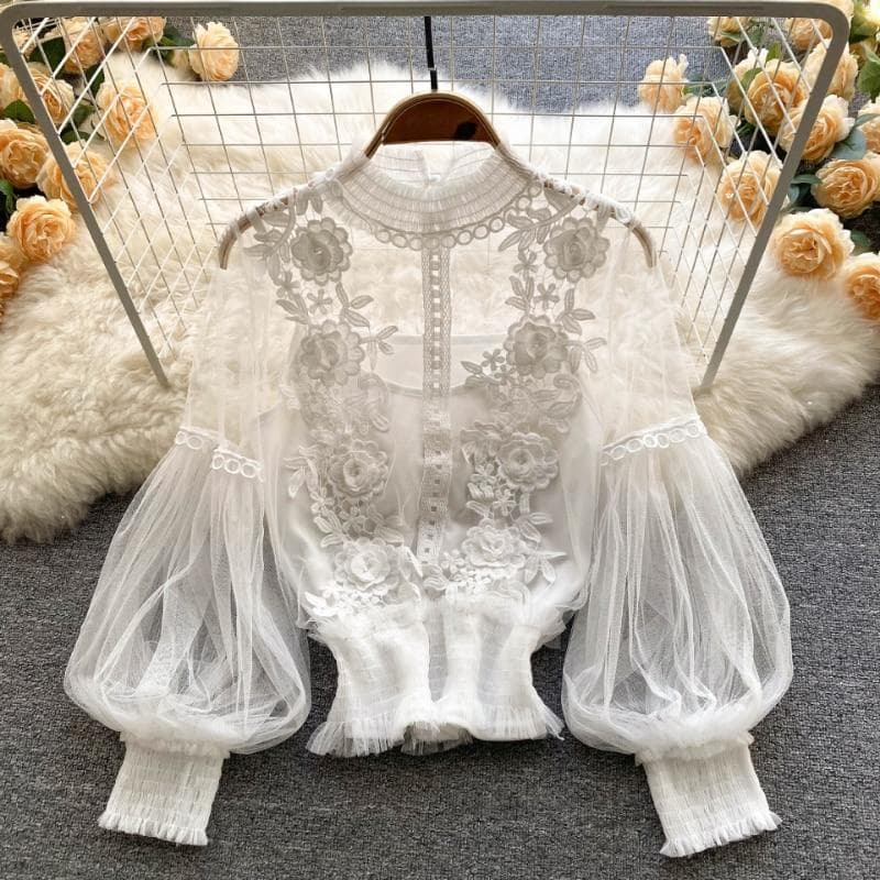 Elegant Floral Mesh Long Sleeve Short Blouse Sweet Women Lantern Sleeve Lace Shirts Ladies See Through Mesh Blouse Tops 25914 One Size white