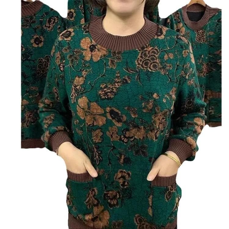 New Plush Plush Thickened Imitation Super Winter Large Size Mother Print Long Sleeve Warm Middle-aged and Elderly Women Base Shirt 3XL green