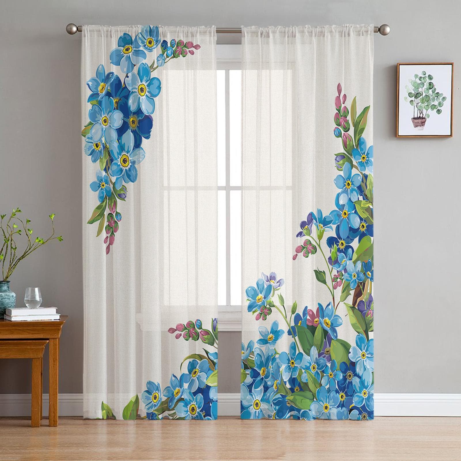 Blue Don'T Forget Me Watercolor Flowers Window Curtains For Living Room Bedroom Kitchen Chiffon Sheer Window Treatment 135W x 114H(cm)