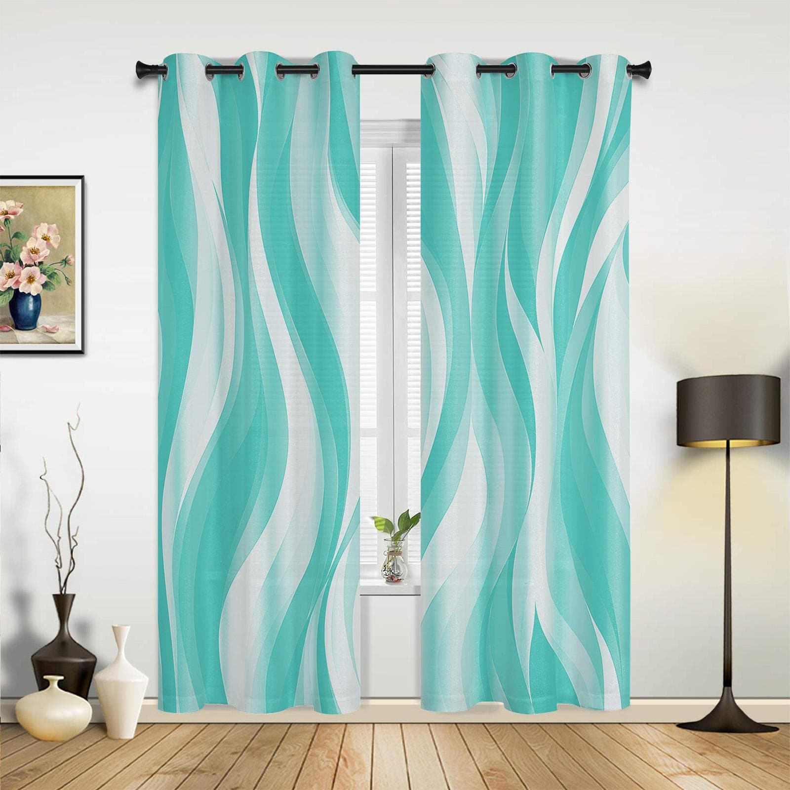 Dark Blue Wavy Abstract Lines Curtains for Bedroom Living Room Drapes Kitchen Children's Room Window Curtain Modern Home Decor 70W x 100H(cm) x2