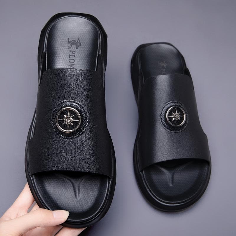Genuine Leather Men's Outdoor Summer Flip Flops and Sandals 44 black