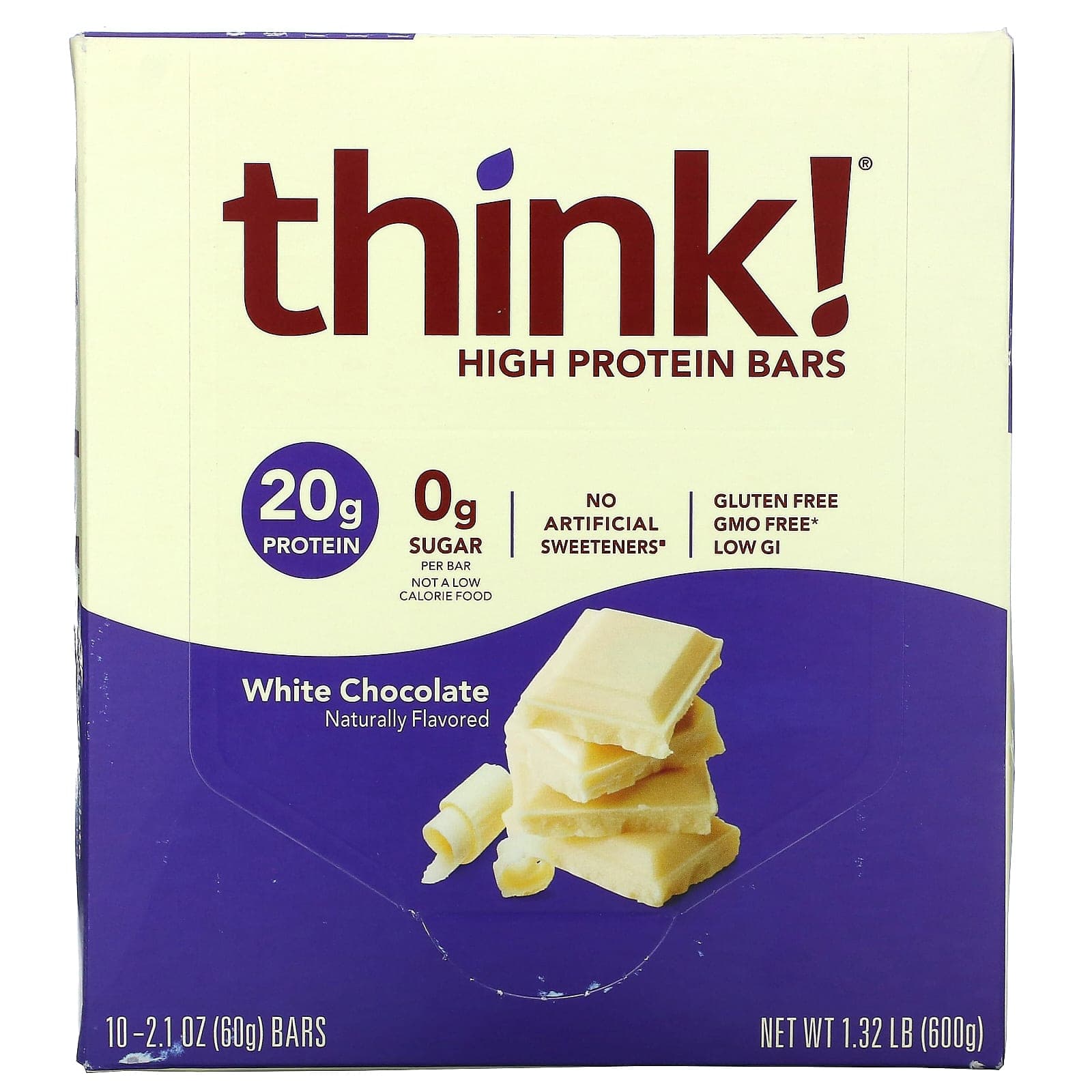 Think!, High Protein Bars, White Chocolate, 10 Bars, 2.1 oz (60 g) Each