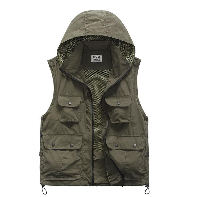 Hooded Multi Pockets Vests For Men Women Waistcoat Photographer Reporters Volunteer's Vest Tools Pockets Work Uniforms 3XL green