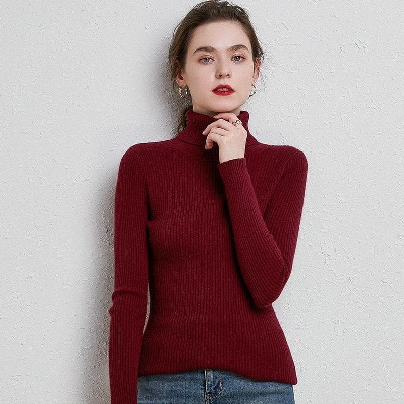 Autumn and Winter High Neck Sweater Slim Thickened Pullover Short Section Long-sleeved Tight Knitted Bottoming Shirt L rusty red