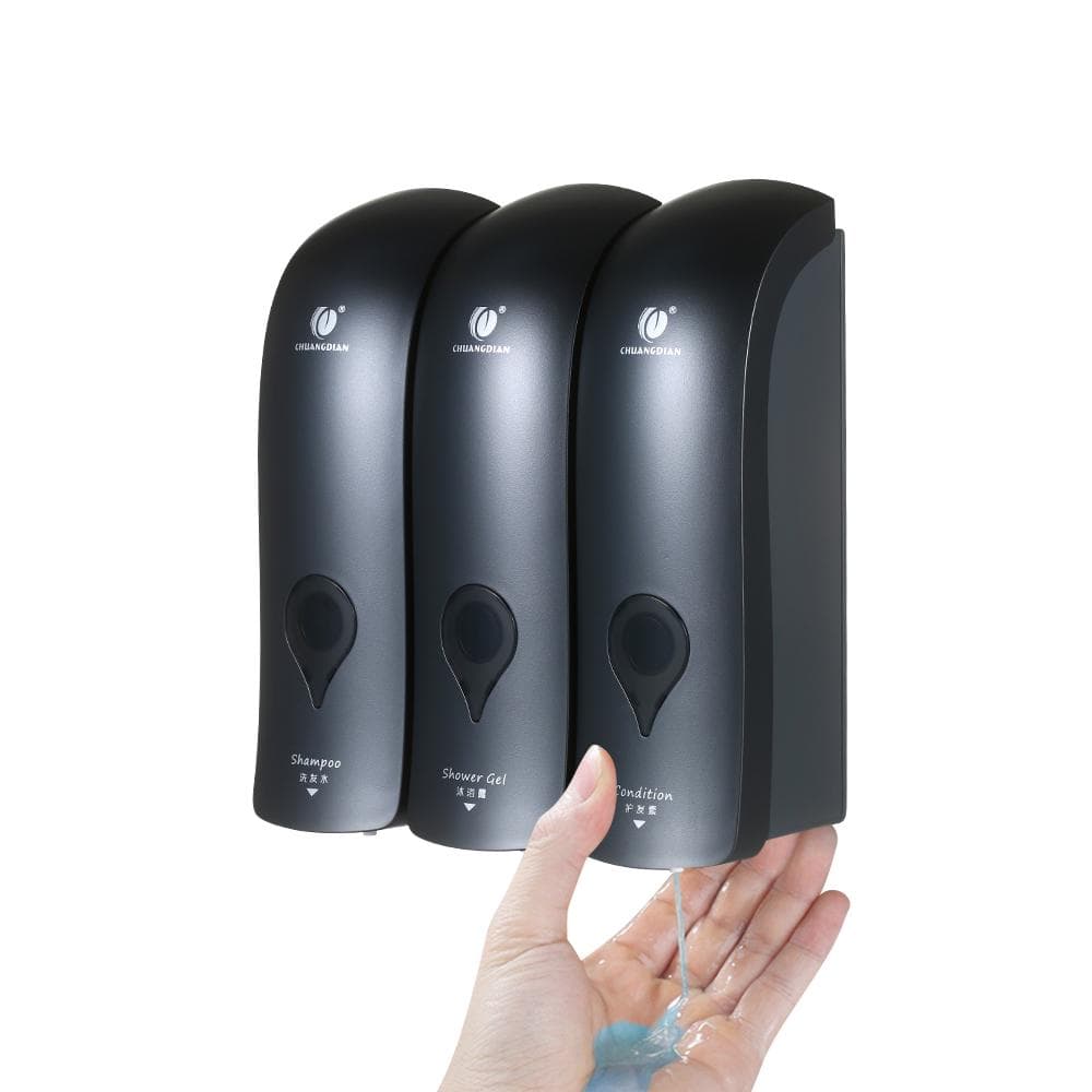 CHUANGDIAN Manual Soap Dispenser 3 Chamber x 300ml/ 10.2oz Wall Mounted Liquid Shampoo Box Shower grey