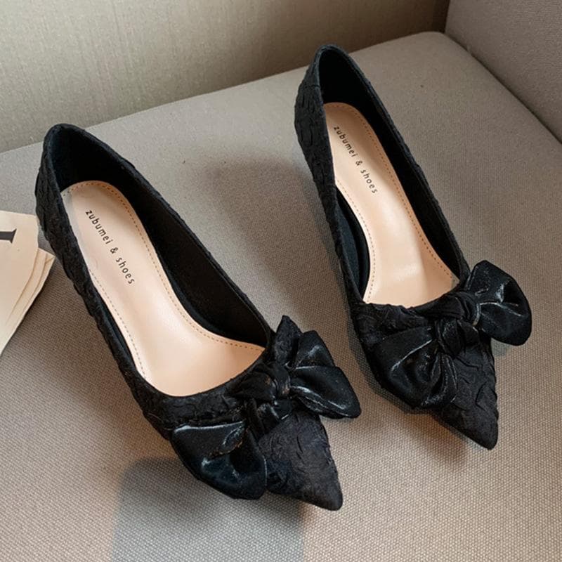 Satin High-heeled Shoes Women's New Pointed Toe Bowknot High-heeled Shoes Women's Slender Heels and Shallow Mouth Shoes Women 39 black