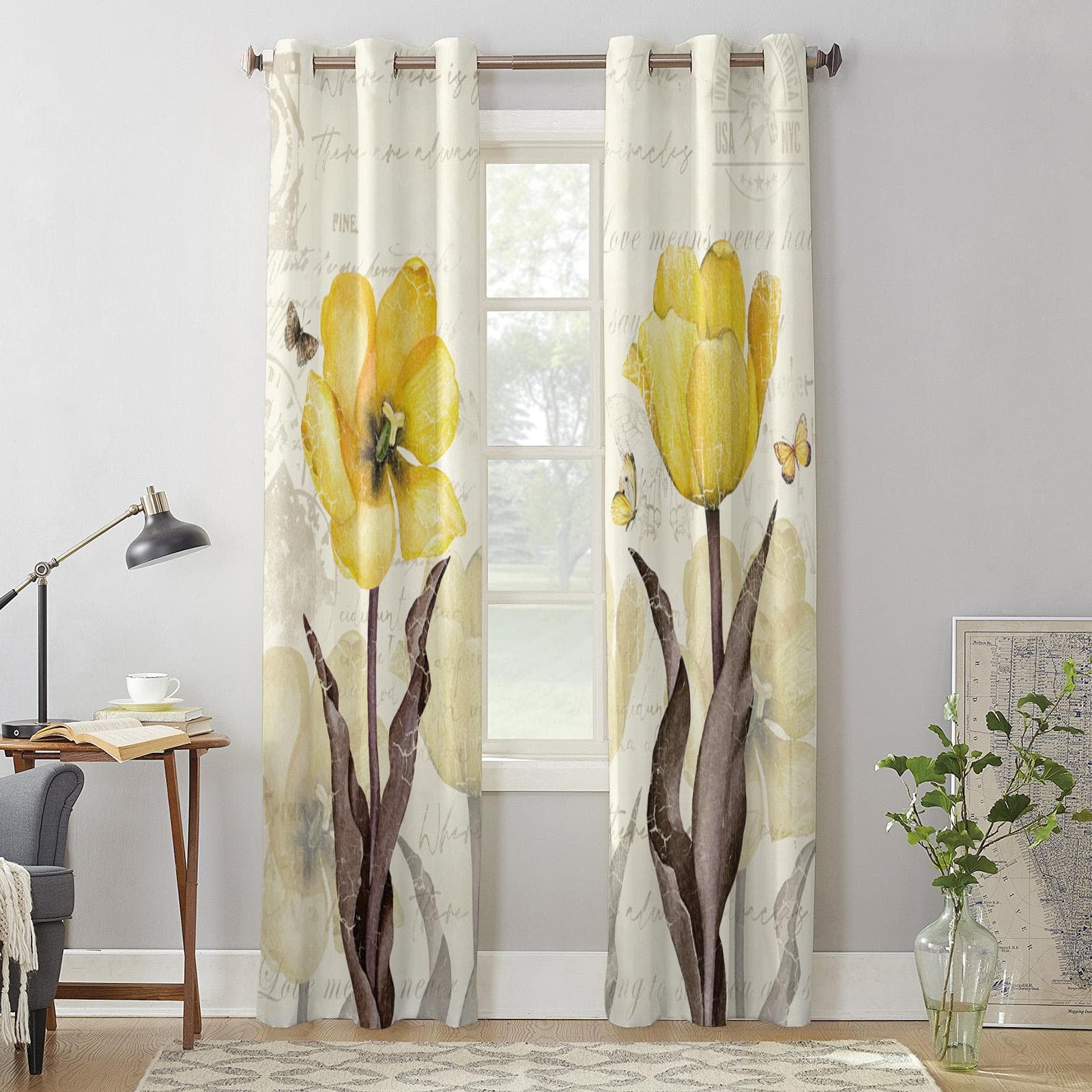 Vintage Flowers Butterflies Yellow Tulips Modern Window Curtains for Living Room Bedroom Curtain Kitchen Treatment Blinds Drapes 135W x 60H(cm) x1