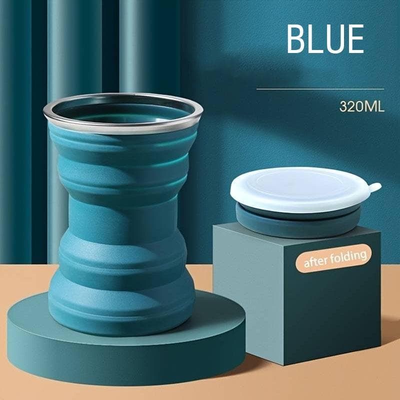 1Pcs Silicone Cup Folding for Business Travel Portable Creative Mini Telescopic Cups with Lid Outdoor Trip Mouthwash Watercup 320ml blue
