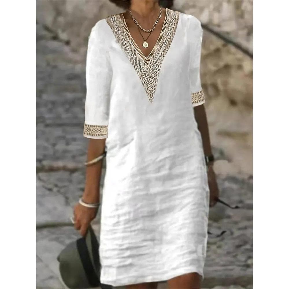 GMXIA Women's Fashion Casual Solid Color Print 1/2 Sleeves V-Neck Slim Dresses 4XL white