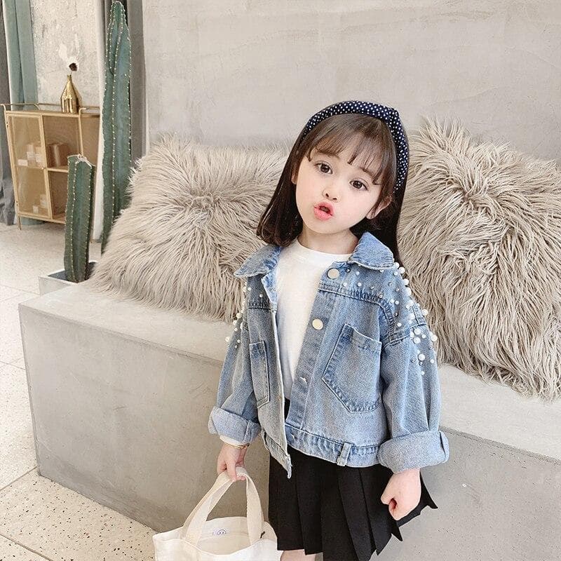 Pearls Beading Denim Jacket For Girls Fashion Coats Children Clothing Autumn Baby Girls Clothes Outerwear Jean Jackets Coat 120cm blue
