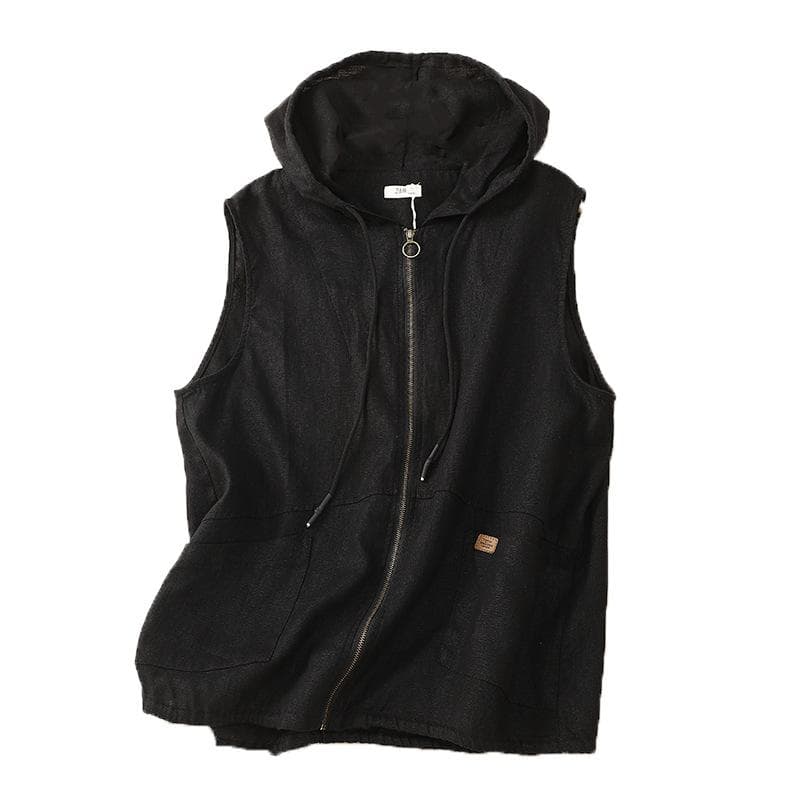 Spring Art Retro Hooded Cotton Linen Casual Loose Sleeveless Vest Short Jacket for Women Vests & Waistcoats Women’s 2XL black