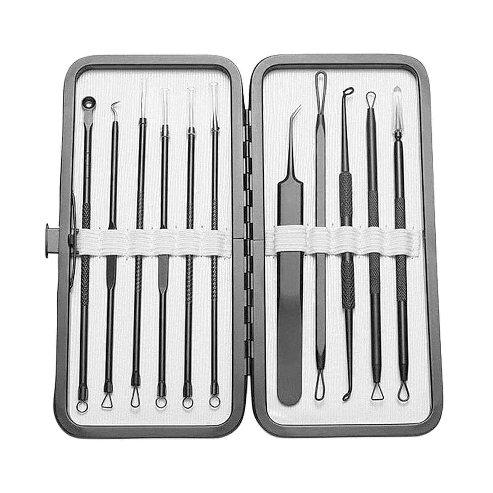 11Pcs Stainless Steel Acne Needle Pimple Tweezers Extractor Blackhead Remover Comedone Extractor Tool Blackheads Treatment Blemish Removing with Case silver