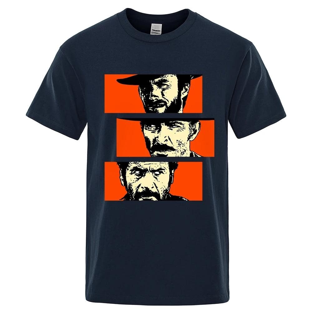 The Good the Bad and Ugly Blondie Angel Eyes Tuco Cowboy T Shirt Men Women Il buono brutto cattivo Oversized Cotton Tee shirt XL navy blue
