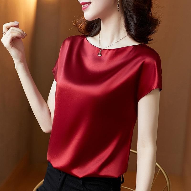 Summer Women's Fashion Comfortable Clothes Solid Color O Neck Short Sleeve Silk Top Casual Loose Satin T Shirt Plus Size Shirt 3XL red