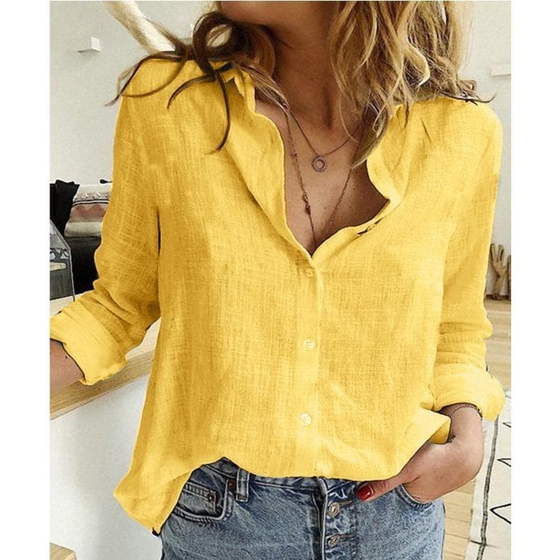 GMXIA Women's Fashion Casual Solid Color Print Long Sleeve POLO Neck Loose T-shirts and Linen Shirt Tops S yellow