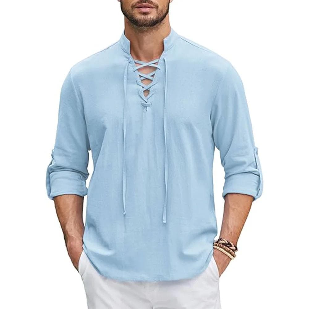 Men's Renaissance Shirt Pirate Medieval Viking top Cotton Linen Shirts Men Long Sleeved Halloween Costume L light blue