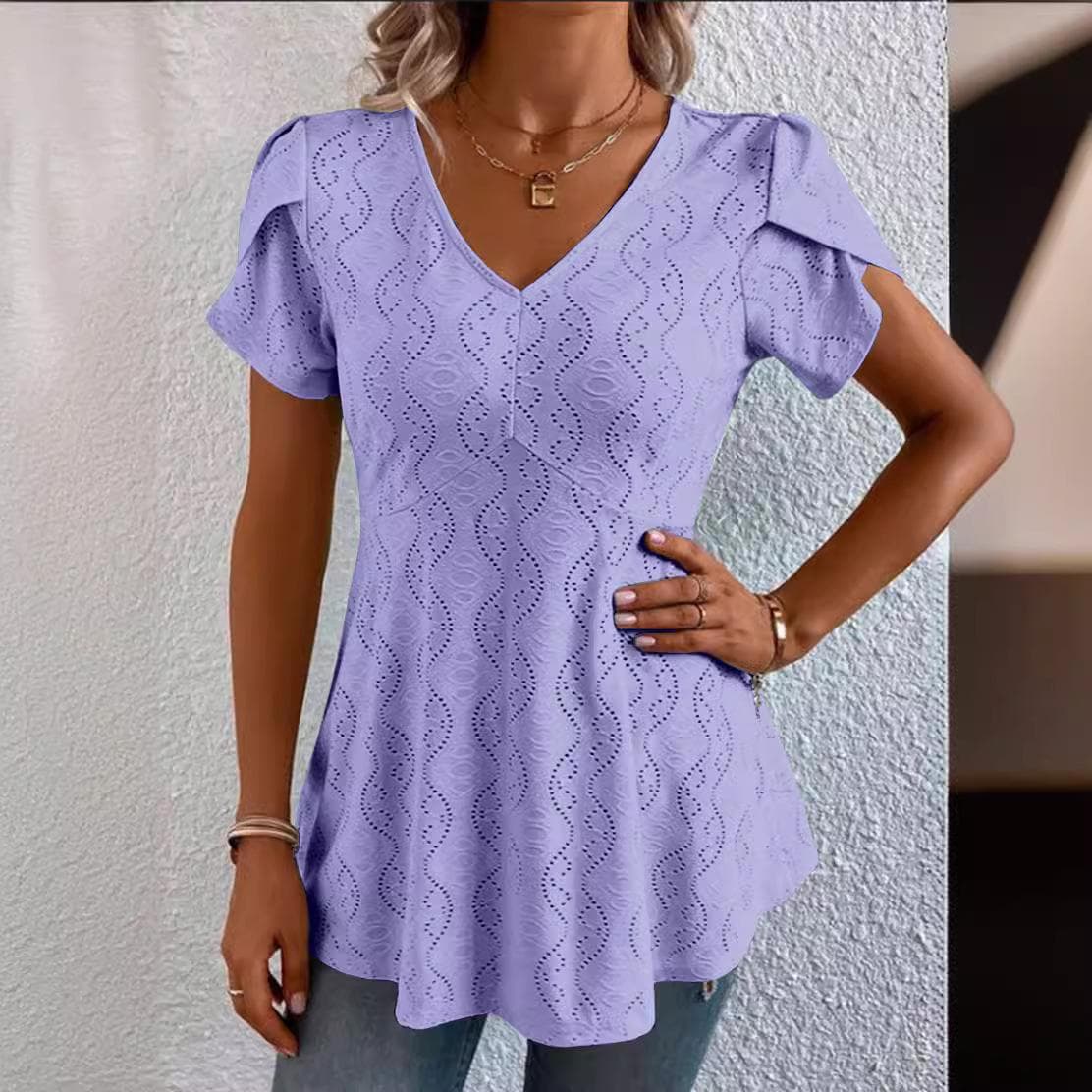 Summer Solid Colour V-neck Comfortable Casual T-shirt Short Sleeve Top for Women XXXXL purple