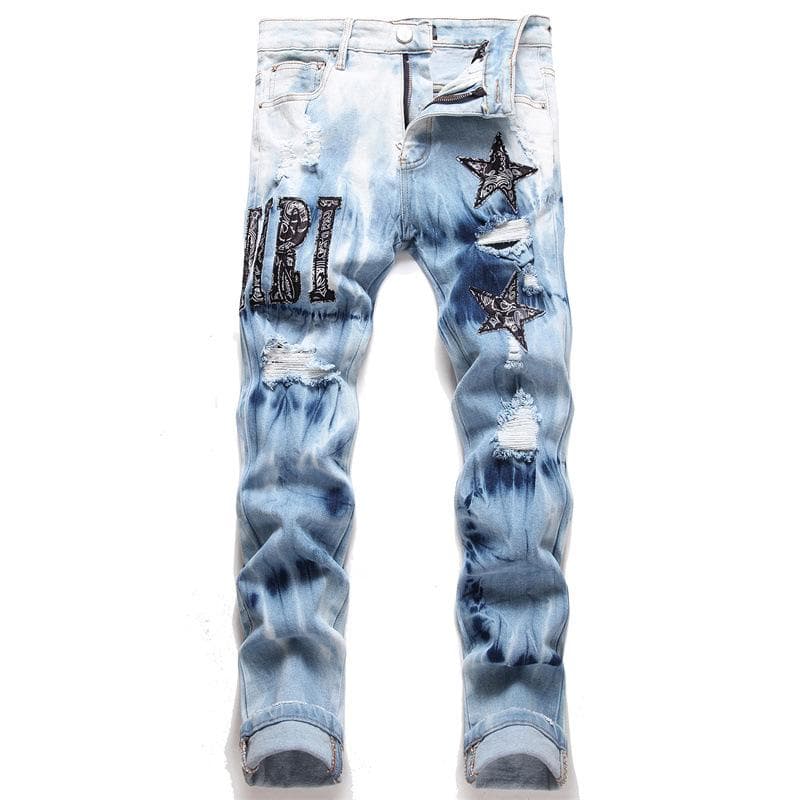 AM Punk Retro Stretch Slim Fit Casual Hole Print Skinny Jeans 31 indigo