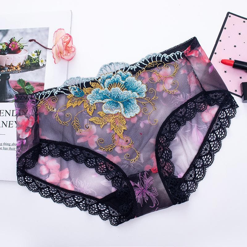 Lace Underwear Sexy Medium Waist Breathable Mesh Embroidery Hollow Large Size Transparent Ladies Underwear L black