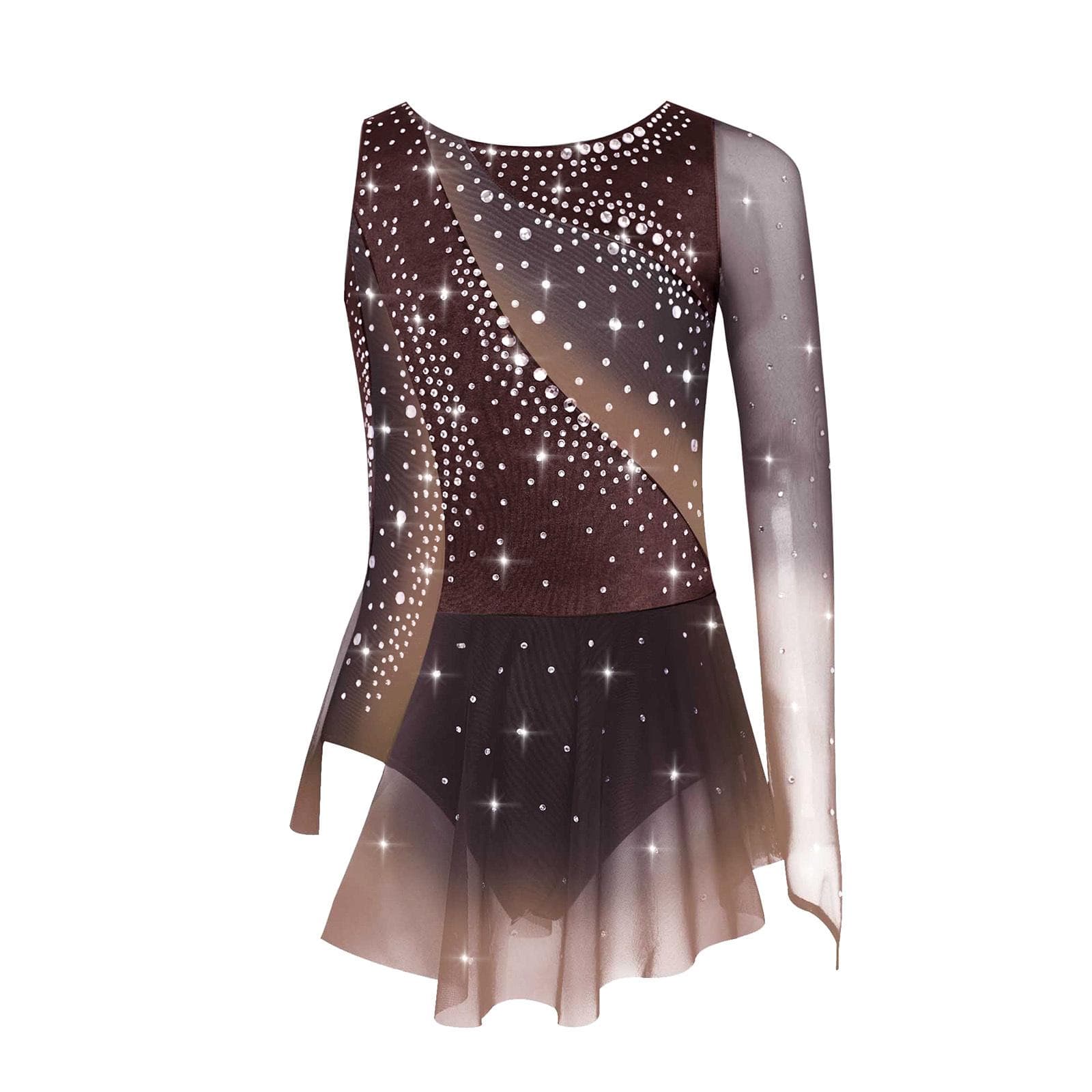 Kids Girls Rhythmic Gymnastics Dress Round Neck Asymmetrical Split Shiny Rhinestones Contrast Color Skirt 9-10 Years brown