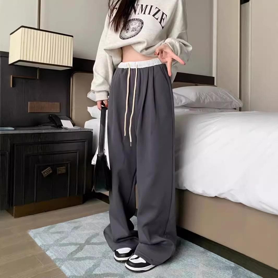 Retro Drawstring Wide-leg Casual Pants for Women In Autumn Loose Slim Straight Pants Grey High Waist Floor Trousers 2XL