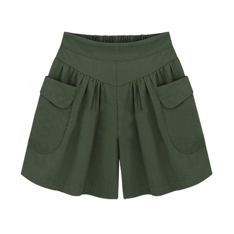 Women Fashion Summer Loose Casual Shorts Elastic Waist Beach Shorts Solid Color Breathable Wide Legs Pants XXXL army green