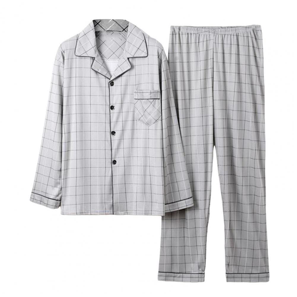 2Pcs/Set Men Pajamas Set Plaid Print Lapel Long Sleeve Single Breasted Shirt Elastic Waist Long Pants Set Loose Fit Loungewear S XXXL light grey
