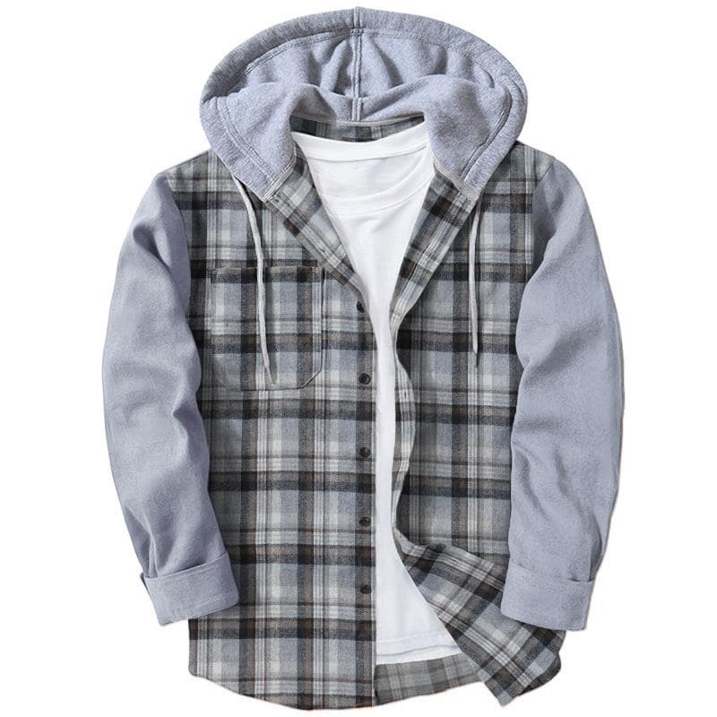 Plaid Men's Shirt Contrast Color Long Sleeve Cardigan Hooded XL
