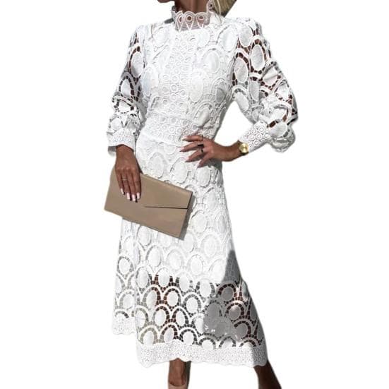 Women Dress Hollow Out Lace Stand Collar Bubble Sleeve Tight Waist See-through Double-layer Ankle Length Solid Color OL Commute Maxi Dress M white