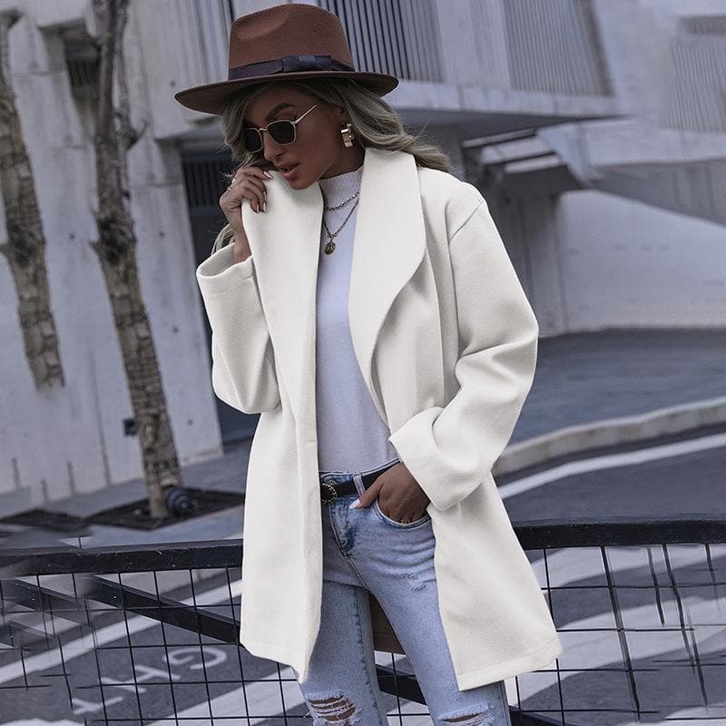 Women's Autumn and Winter Coat Fashion Lapel Long Woolen Coat XXXL white