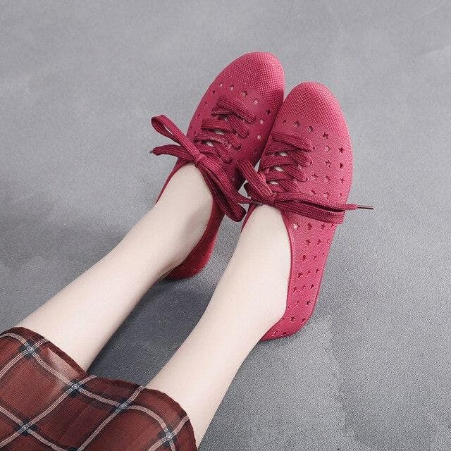 Spring Summer Baotou Hollow Sandals Women Outdoor Leisure Four Seasons Flat Shoes Lady Pointed Bandage Shoes Hole Shoes 36 red