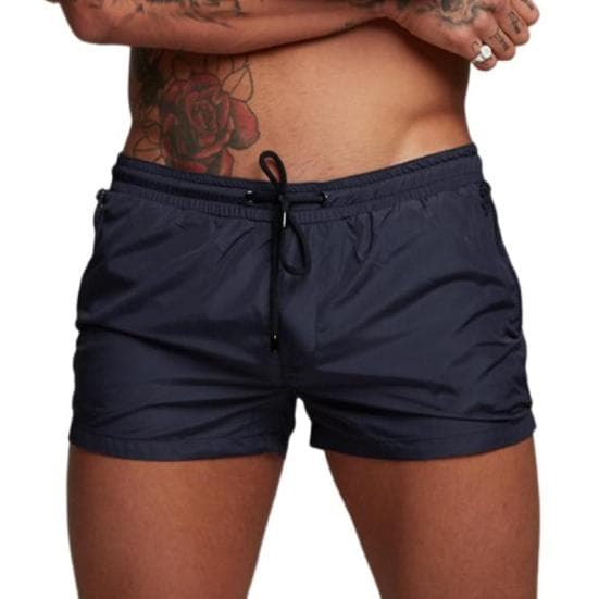 Men Sports Shorts with Zipper Pocket Elastic Waist Drawstring Quick-Dry Shorts Solid Color Outdoor L navy blue